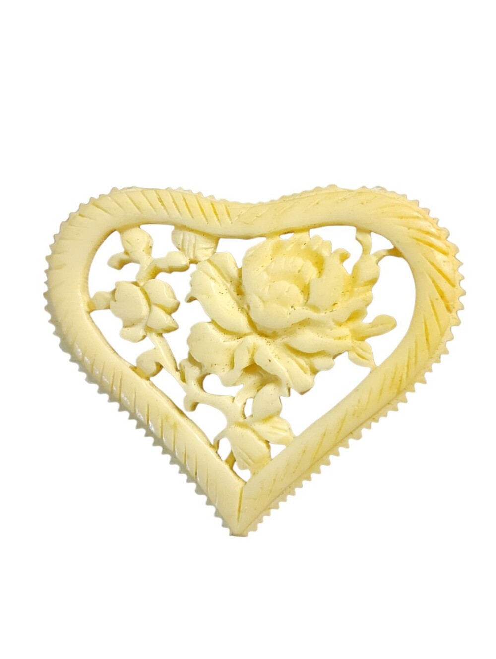 Vintage Bone Heart Brooch Floral Carved Ivory